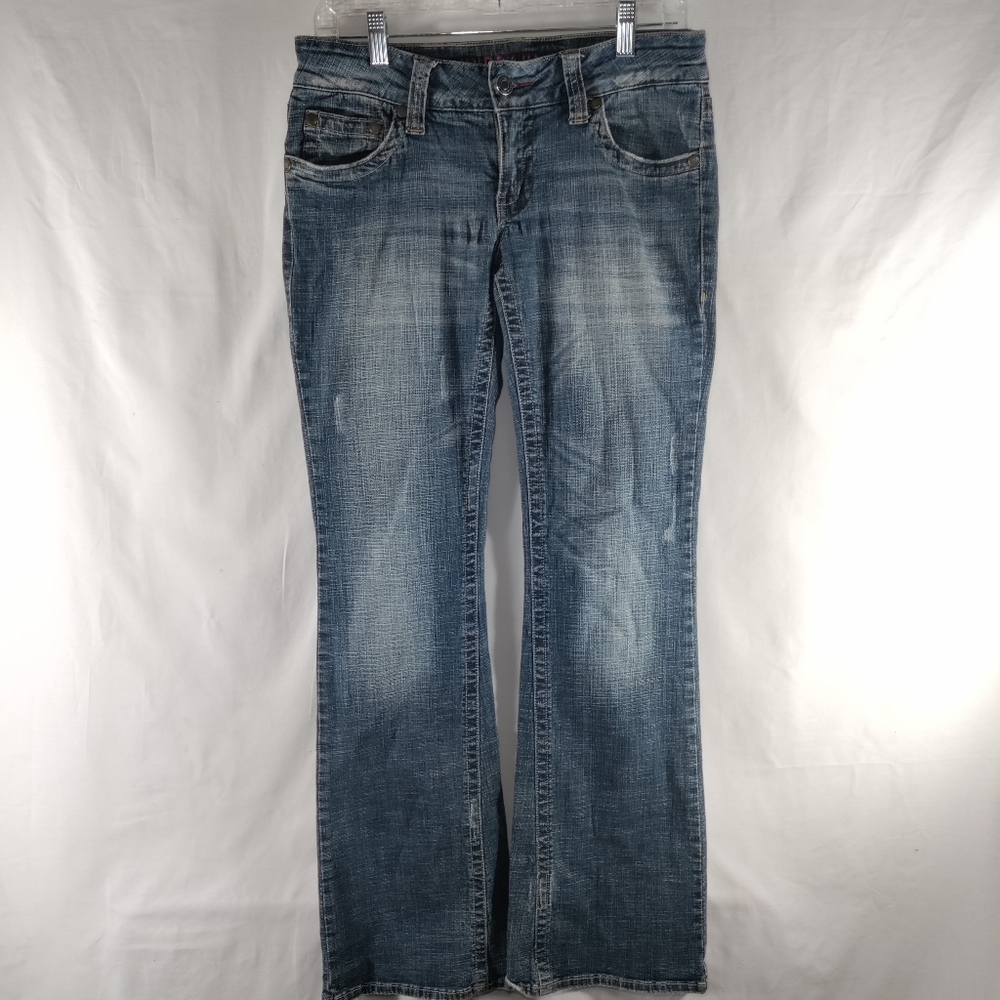 Hydraulic Bootcut Flare Jeans Womens Sz 7/9 Low Rise Stretch Dark Blue Distress